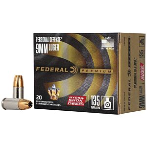 Federal Ammo, 9mm 135 Grain Hydra-Shok JHP, 20 Rounds